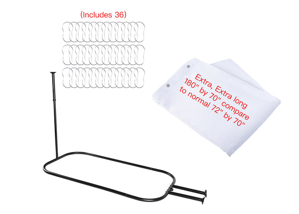 Utopia Alley HP9XX Rustproof Wall Mounted Aluminum Hoop Shower Rod With Ceiling Support for Clawfoot Tub, 45.7 Inch Size by 22 Inch, with White Shower Curtain 180x70 inch