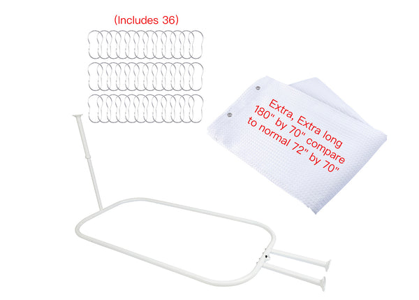 Utopia Alley HP9XX Rustproof Wall Mounted Aluminum Hoop Shower Rod With Ceiling Support for Clawfoot Tub, 45.7 Inch Size by 22 Inch, with White Shower Curtain 180x70 inch