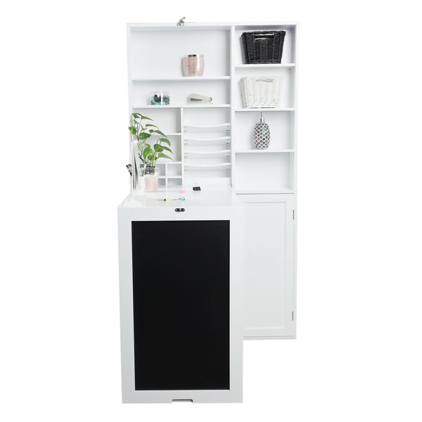 Utopia Alley SH4WW Collapsible Fold Down Desk Table with Large Storage Cabinet  & Bottom Shelves - Convertible Foldable Desk Furniture with Chalkboard Wall - Computer Desk with Storage for Small Spaces - White
