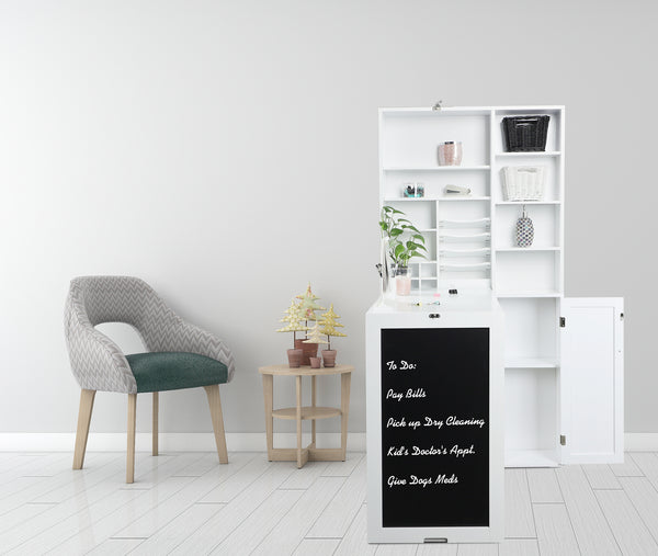 Utopia Alley SH4WW Collapsible Fold Down Desk Table with Large Storage Cabinet  & Bottom Shelves - Convertible Foldable Desk Furniture with Chalkboard Wall - Computer Desk with Storage for Small Spaces - White