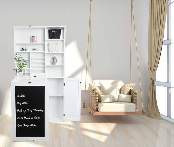 Utopia Alley SH4WW Collapsible Fold Down Desk Table with Large Storage Cabinet  & Bottom Shelves - Convertible Foldable Desk Furniture with Chalkboard Wall - Computer Desk with Storage for Small Spaces - White