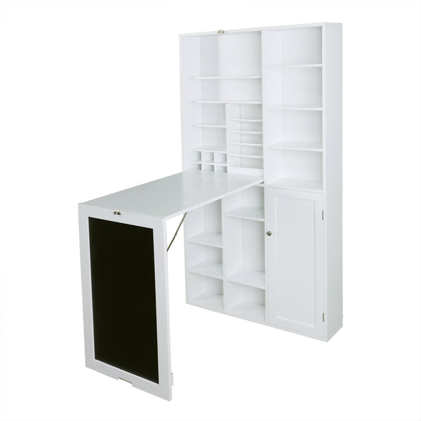 Utopia Alley SH4WW Collapsible Fold Down Desk Table with Large Storage Cabinet  & Bottom Shelves - Convertible Foldable Desk Furniture with Chalkboard Wall - Computer Desk with Storage for Small Spaces - White