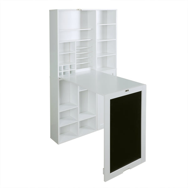Utopia Alley SH4WW Collapsible Fold Down Desk Table with Large Storage Cabinet  & Bottom Shelves - Convertible Foldable Desk Furniture with Chalkboard Wall - Computer Desk with Storage for Small Spaces - White