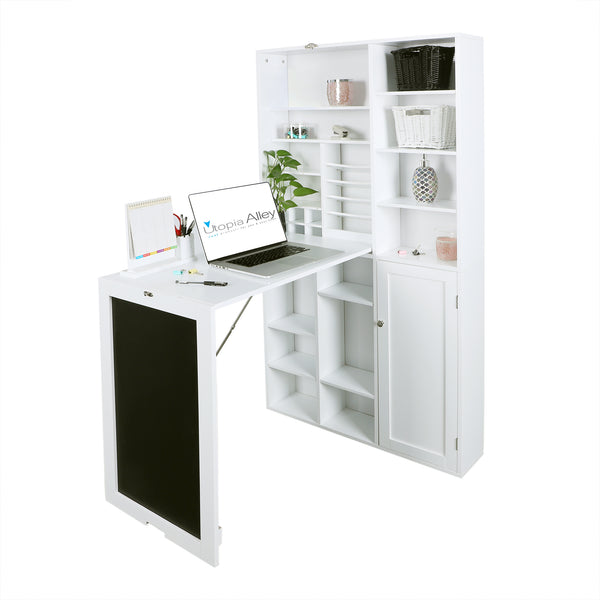 Utopia Alley SH4WW Collapsible Fold Down Desk Table with Large Storage Cabinet  & Bottom Shelves - Convertible Foldable Desk Furniture with Chalkboard Wall - Computer Desk with Storage for Small Spaces - White