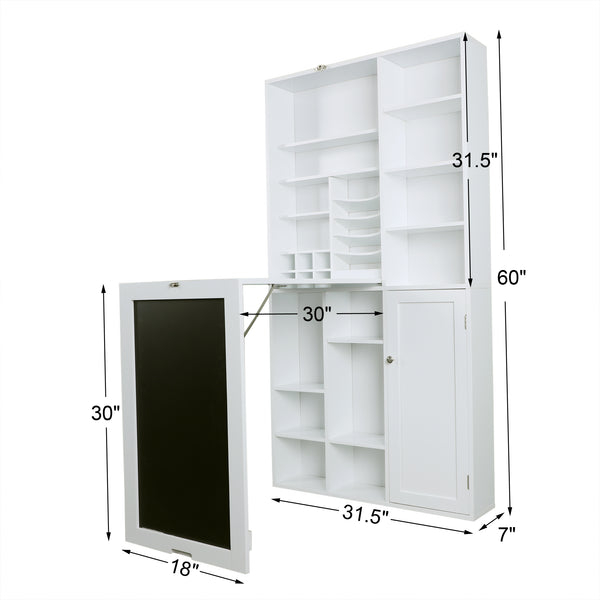 Utopia Alley SH4WW Collapsible Fold Down Desk Table with Large Storage Cabinet  & Bottom Shelves - Convertible Foldable Desk Furniture with Chalkboard Wall - Computer Desk with Storage for Small Spaces - White