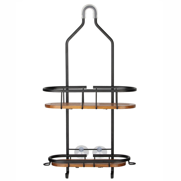 Utopia Alley SHC5XX Tia Rustproof Teak Overhead Shower Caddy with 2 Shelves - Decorative Shower Rack for Shampoo & Toiletries Storage, Hanging Shower Head Organizer for Bathroom Accessories & Guest Bathrooms