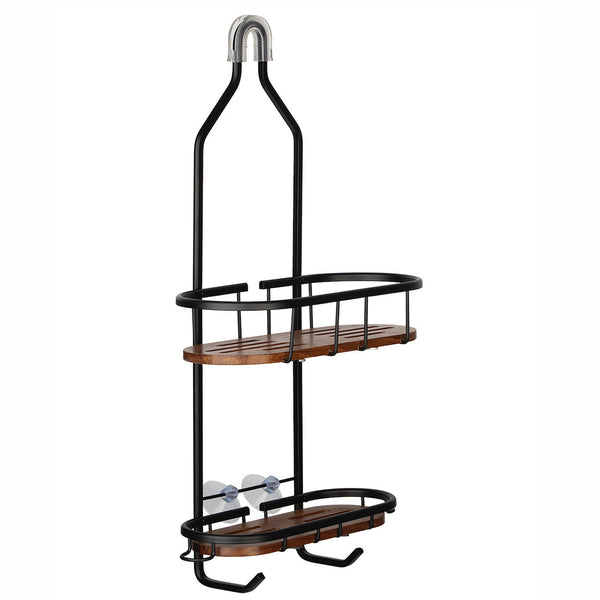Utopia Alley SHC5XX Tia Rustproof Teak Overhead Shower Caddy with 2 Shelves - Decorative Shower Rack for Shampoo & Toiletries Storage, Hanging Shower Head Organizer for Bathroom Accessories & Guest Bathrooms