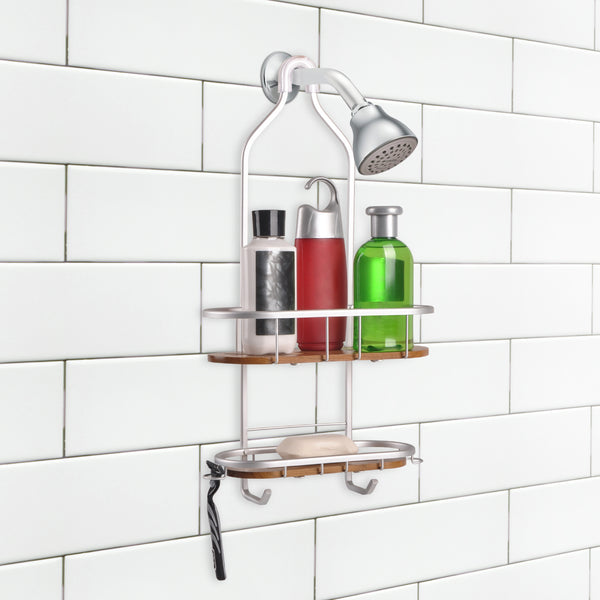 Utopia Alley SHC5XX Tia Rustproof Teak Overhead Shower Caddy with 2 Shelves - Decorative Shower Rack for Shampoo & Toiletries Storage, Hanging Shower Head Organizer for Bathroom Accessories & Guest Bathrooms