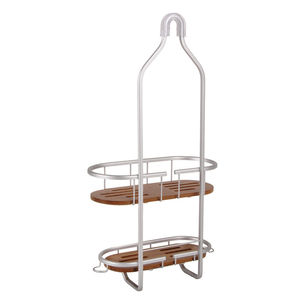Utopia Alley SHC5XX Tia Rustproof Teak Overhead Shower Caddy with 2 Shelves - Decorative Shower Rack for Shampoo & Toiletries Storage, Hanging Shower Head Organizer for Bathroom Accessories & Guest Bathrooms