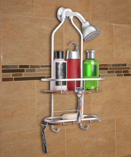 Utopia Alley SHC5XX Tia Rustproof Teak Overhead Shower Caddy with 2 Shelves - Decorative Shower Rack for Shampoo & Toiletries Storage, Hanging Shower Head Organizer for Bathroom Accessories & Guest Bathrooms