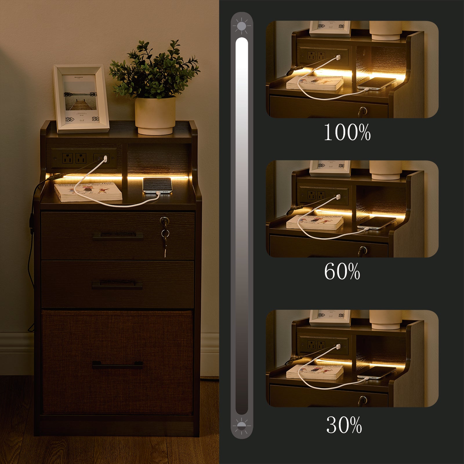 Utopia Alley BF01BZ 2 Drawer LED Nightstand, Night Stand with Fast Cha