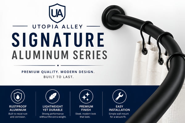 Utopia Alley CR2BK Signature Aluminum Series Curved Shower Curtain Rod - Rustproof Aluminum Wall Mount Rod, Adjustable 45 to 72 Inch, Adds Up to 8 Inches of Extra Shower Space, Matt Black Finish