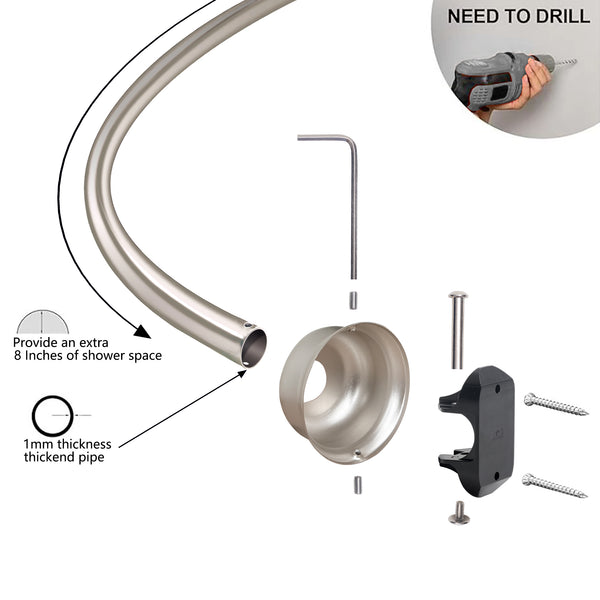 Utopia Alley CR2BN Aluminum Rustproof Wall Mounted Single Curved Shower Rod, adjustable from 45" to 72" Wide, Brushed Nickel