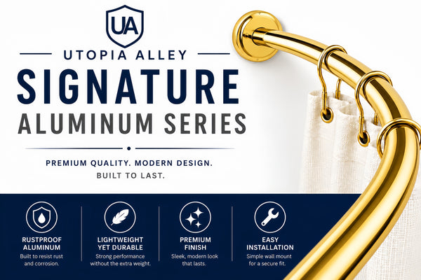 Utopia Alley CR2GD Signature Aluminum Series Curved Shower Curtain Rod - Rustproof Aluminum Wall Mount Rod, Adjustable 45 to 72 Inch, Adds Up to 8 Inches of Extra Shower Space, Gold Finish