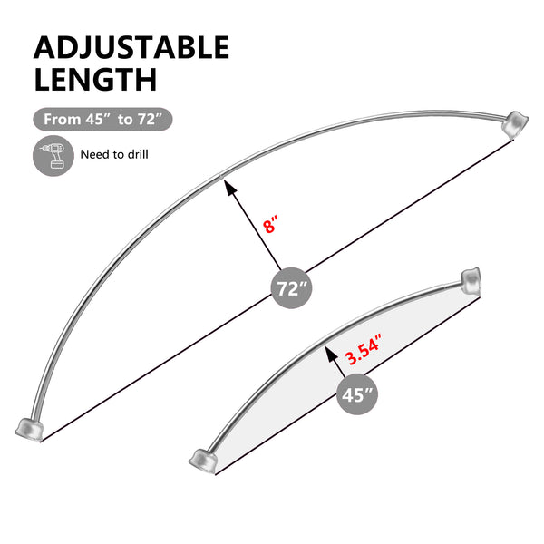 Utopia Alley CR2SS Aluminum Rustproof Wall Mounted Single Curved Shower Rod, adjustable from 45" to 72" Wide, Chrome