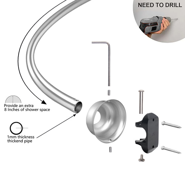 Utopia Alley CR2SS Aluminum Rustproof Wall Mounted Single Curved Shower Rod, adjustable from 45" to 72" Wide, Chrome
