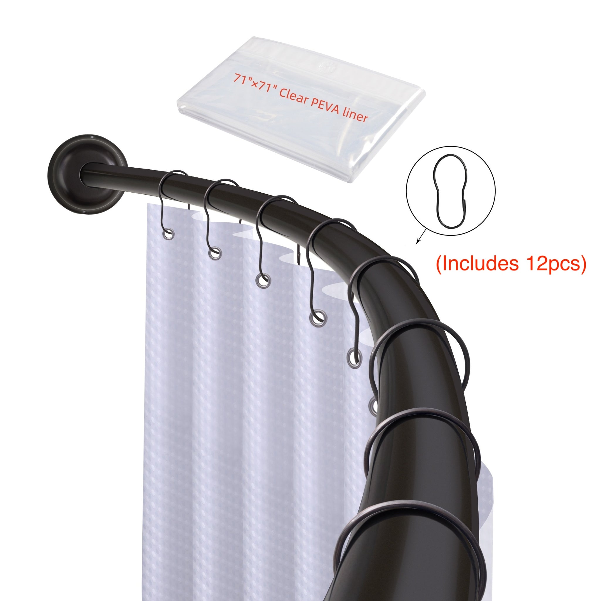 Utopia Alley CR9XX Rustproof Wall Mounted Single Curved Shower Rod, Aluminum, adjustable from 45" to 72" Wide, Includes Shower Rings and PEVA Liner