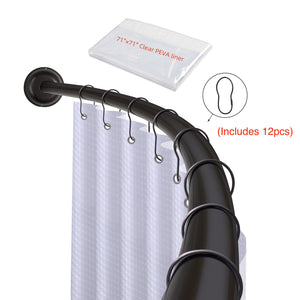 Utopia Alley CR9XX Rustproof Wall Mounted Single Curved Shower Rod, Aluminum, adjustable from 45" to 72" Wide, Includes Shower Rings and PEVA Liner