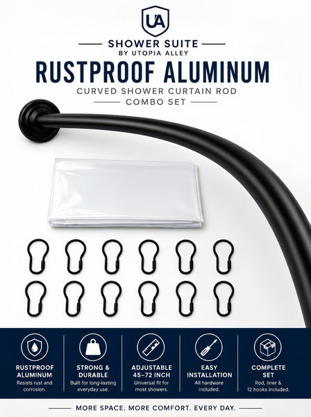 CR9XX Shower Suite by Utopia Alley – Rustproof Aluminum Curved Shower Curtain Rod Combo Set with Liner & 12 Hooks, Adjustable 45–72 Inch Wall Mount Rod