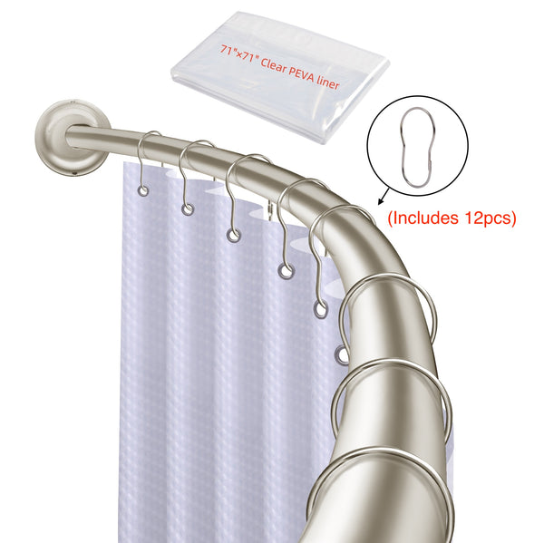 Utopia Alley CR9XX Rustproof Wall Mounted Single Curved Shower Rod, Aluminum, adjustable from 45" to 72" Wide, Includes Shower Rings and PEVA Liner