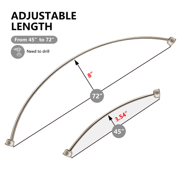 Utopia Alley CR9XX Rustproof Wall Mounted Single Curved Shower Rod, Aluminum, adjustable from 45" to 72" Wide, Includes Shower Rings and PEVA Liner