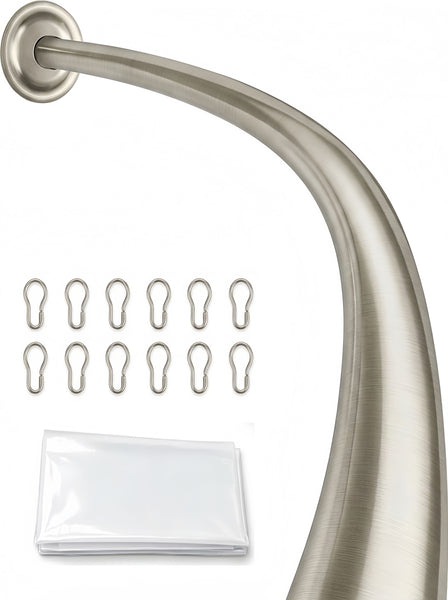 CR9XX Shower Suite by Utopia Alley – Rustproof Aluminum Curved Shower Curtain Rod Combo Set with Liner & 12 Hooks, Adjustable 45–72 Inch Wall Mount Rod