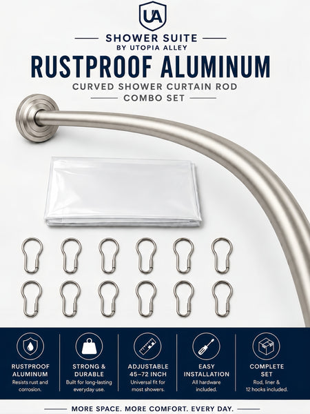 CR9XX Shower Suite by Utopia Alley – Rustproof Aluminum Curved Shower Curtain Rod Combo Set with Liner & 12 Hooks, Adjustable 45–72 Inch Wall Mount Rod