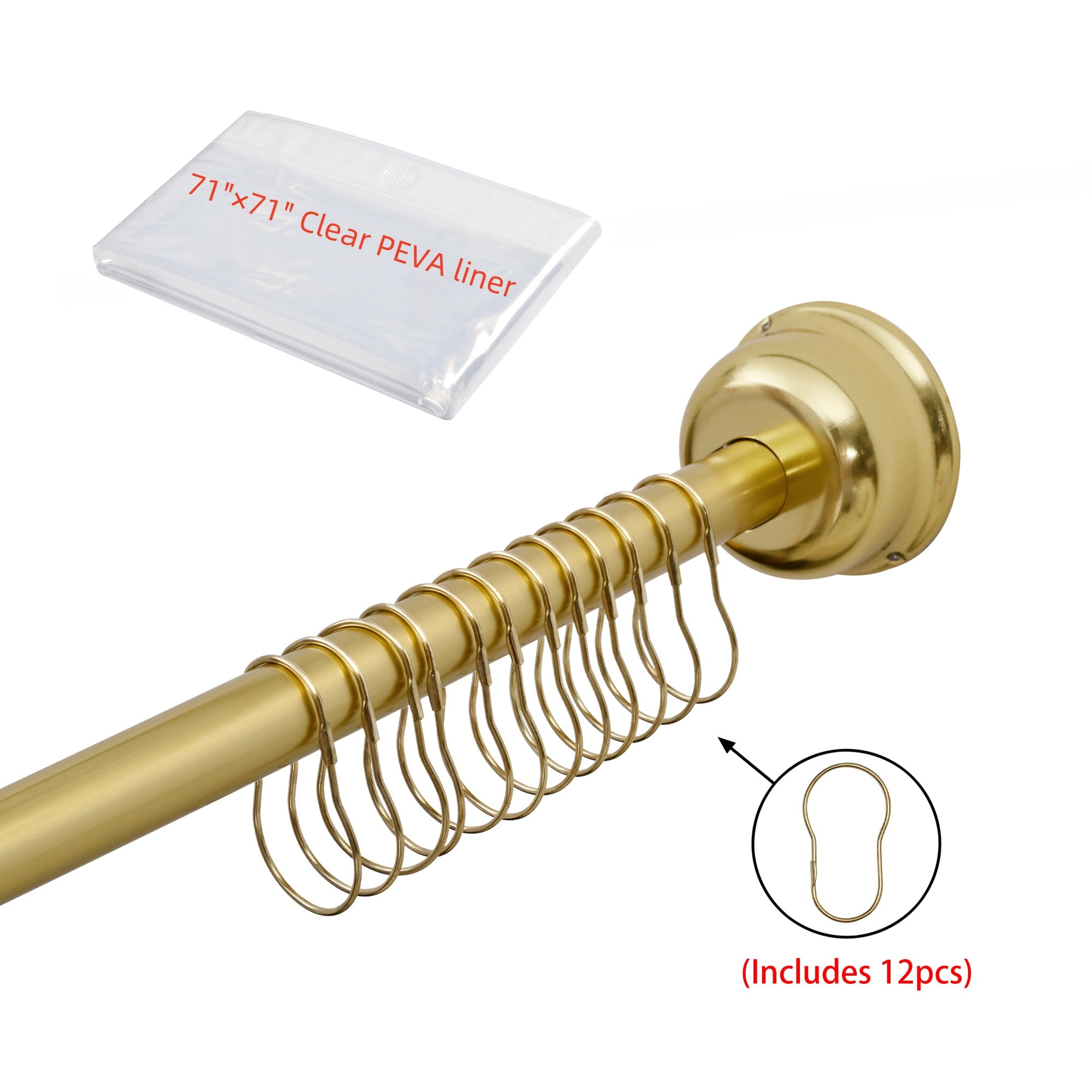 Utopia Alley CR9XX Rustproof Wall Mounted Single Curved Shower Rod, Aluminum, adjustable from 45" to 72" Wide, Includes Shower Rings and PEVA Liner
