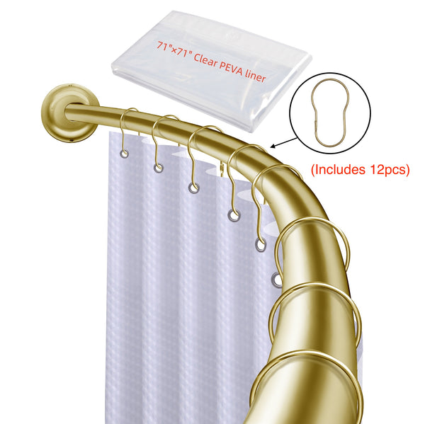 Utopia Alley CR9XX Rustproof Wall Mounted Single Curved Shower Rod, Aluminum, adjustable from 45" to 72" Wide, Includes Shower Rings and PEVA Liner