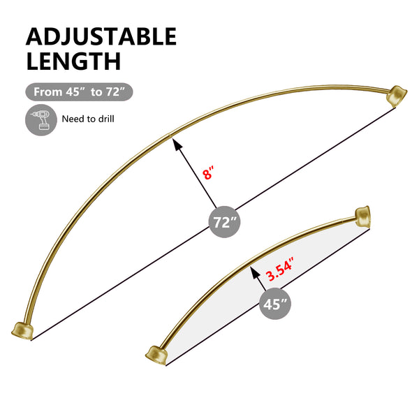 Utopia Alley CR9XX Rustproof Wall Mounted Single Curved Shower Rod, Aluminum, adjustable from 45" to 72" Wide, Includes Shower Rings and PEVA Liner