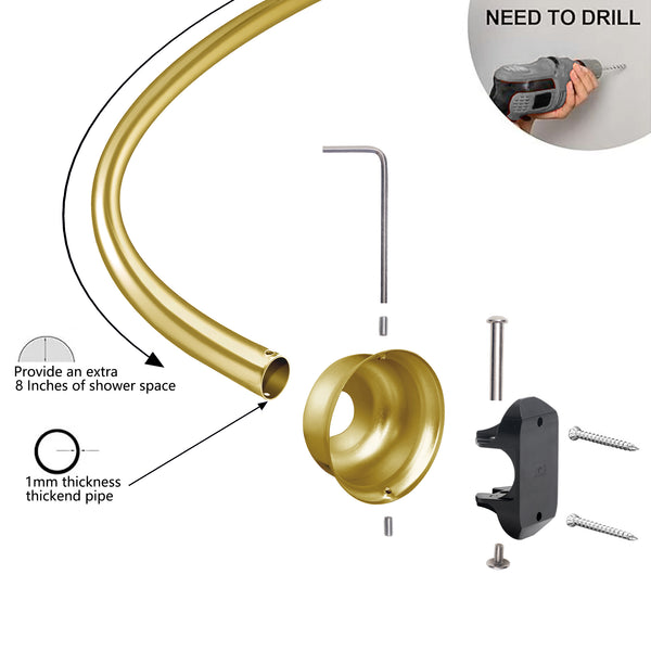 Utopia Alley CR9XX Rustproof Wall Mounted Single Curved Shower Rod, Aluminum, adjustable from 45" to 72" Wide, Includes Shower Rings and PEVA Liner