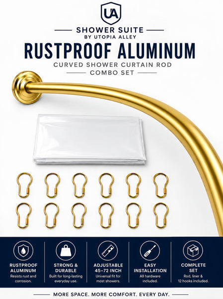 CR9XX Shower Suite by Utopia Alley – Rustproof Aluminum Curved Shower Curtain Rod Combo Set with Liner & 12 Hooks, Adjustable 45–72 Inch Wall Mount Rod