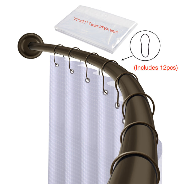 Utopia Alley CR9XX Rustproof Wall Mounted Single Curved Shower Rod, Aluminum, adjustable from 45" to 72" Wide, Includes Shower Rings and PEVA Liner