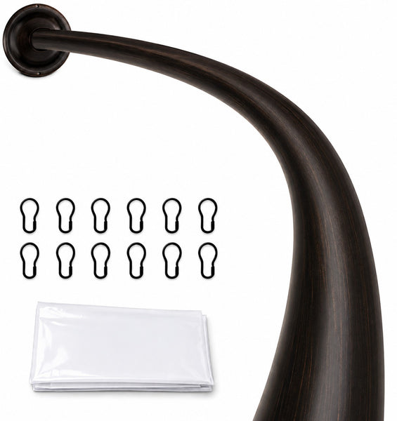 CR9XX Shower Suite by Utopia Alley – Rustproof Aluminum Curved Shower Curtain Rod Combo Set with Liner & 12 Hooks, Adjustable 45–72 Inch Wall Mount Rod