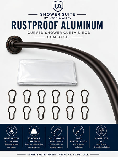 CR9XX Shower Suite by Utopia Alley – Rustproof Aluminum Curved Shower Curtain Rod Combo Set with Liner & 12 Hooks, Adjustable 45–72 Inch Wall Mount Rod