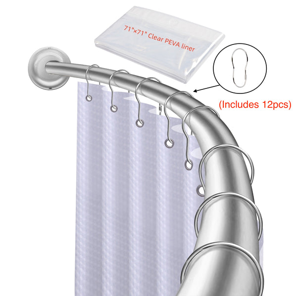 Utopia Alley CR9XX Rustproof Wall Mounted Single Curved Shower Rod, Aluminum, adjustable from 45" to 72" Wide, Includes Shower Rings and PEVA Liner
