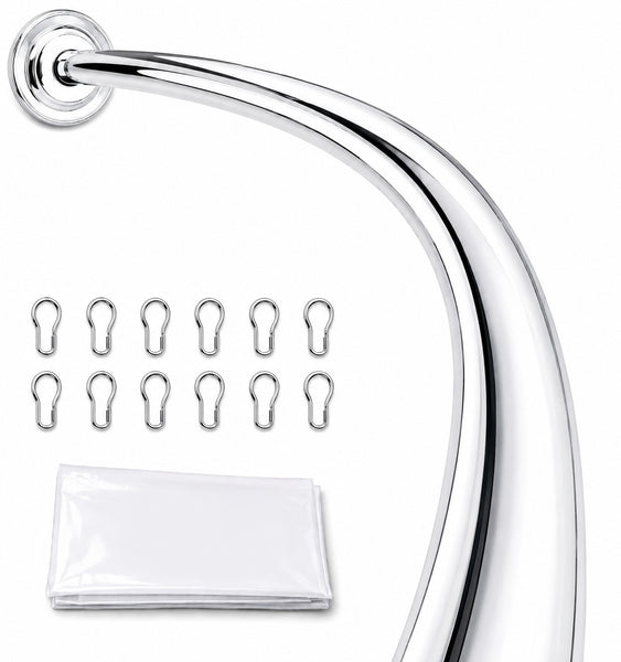 CR9XX Shower Suite by Utopia Alley – Rustproof Aluminum Curved Shower Curtain Rod Combo Set with Liner & 12 Hooks, Adjustable 45–72 Inch Wall Mount Rod