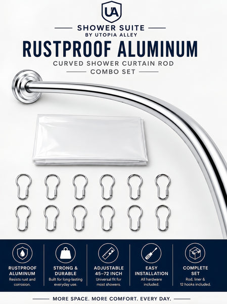 CR9XX Shower Suite by Utopia Alley – Rustproof Aluminum Curved Shower Curtain Rod Combo Set with Liner & 12 Hooks, Adjustable 45–72 Inch Wall Mount Rod