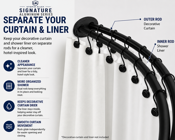 Utopia Alley DCR2XX Signature Aluminum Series Double Curved Shower Curtain Rod, Adjustable 45-72 Inch, Rustproof Aluminum, Dual Rod Design, Separates Curtain & Liner, Adds 8 Inches More Space