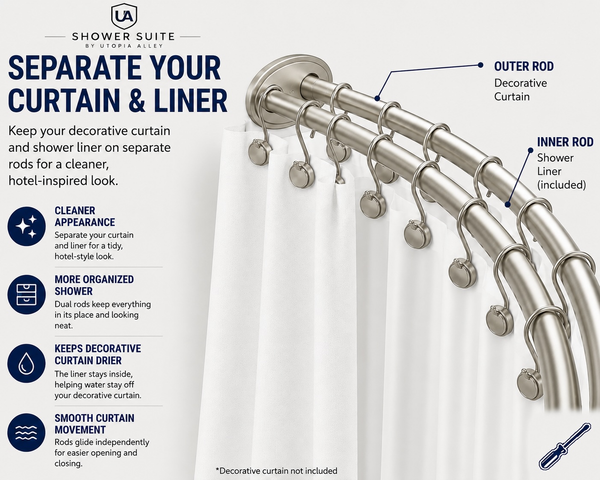 Utopia Alley DCR2XX Signature Aluminum Series Double Curved Shower Curtain Rod, Adjustable 45-72 Inch, Rustproof Aluminum, Dual Rod Design, Separates Curtain & Liner, Adds 8 Inches More Space