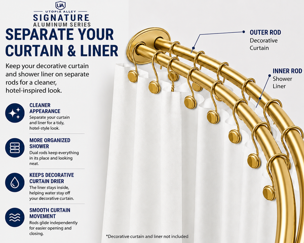 Utopia Alley DCR2XX Signature Aluminum Series Double Curved Shower Curtain Rod, Adjustable 45-72 Inch, Rustproof Aluminum, Dual Rod Design, Separates Curtain & Liner, Adds 8 Inches More Space