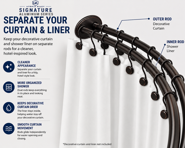 Utopia Alley DCR2XX Signature Aluminum Series Double Curved Shower Curtain Rod, Adjustable 45-72 Inch, Rustproof Aluminum, Dual Rod Design, Separates Curtain & Liner, Adds 8 Inches More Space