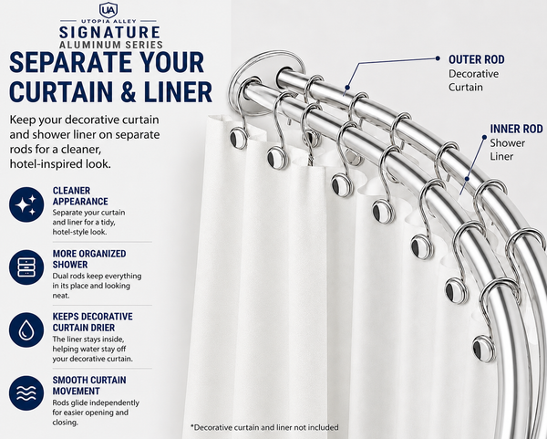 Utopia Alley DCR2XX Signature Aluminum Series Double Curved Shower Curtain Rod, Adjustable 45-72 Inch, Rustproof Aluminum, Dual Rod Design, Separates Curtain & Liner, Adds 8 Inches More Space