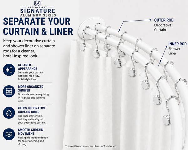 Utopia Alley DCR2XX Signature Aluminum Series Double Curved Shower Curtain Rod, Adjustable 45-72 Inch, Rustproof Aluminum, Dual Rod Design, Separates Curtain & Liner, Adds 8 Inches More Space