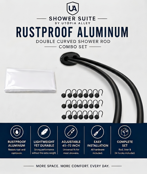 Shower Suite by Utopia Alley – DCR9XX Rustproof Aluminum Double Curved Shower Curtain Rod Combo Set with Liner & 24 Hooks, Adjustable 45–72 Inch Wall Mounted Dual Rod