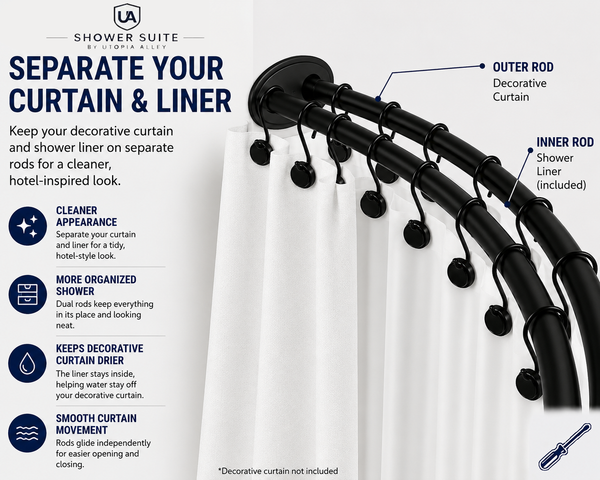 Shower Suite by Utopia Alley – DCR9XX Rustproof Aluminum Double Curved Shower Curtain Rod Combo Set with Liner & 24 Hooks, Adjustable 45–72 Inch Wall Mounted Dual Rod
