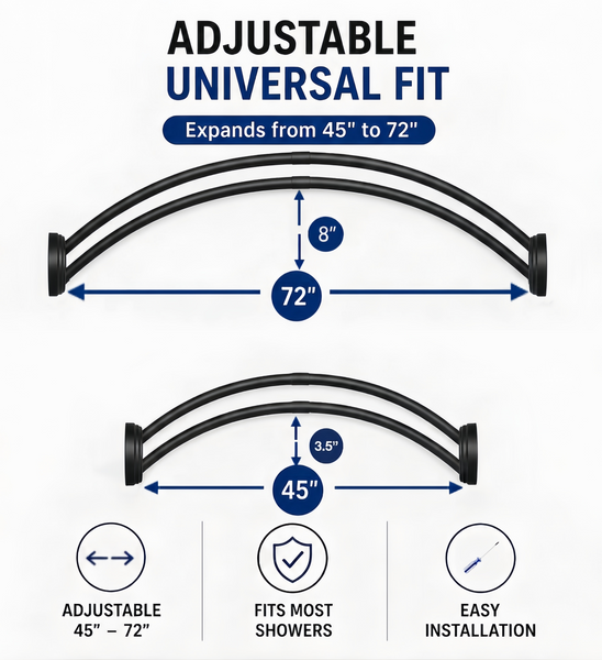 Shower Suite by Utopia Alley – DCR9XX Rustproof Aluminum Double Curved Shower Curtain Rod Combo Set with Liner & 24 Hooks, Adjustable 45–72 Inch Wall Mounted Dual Rod