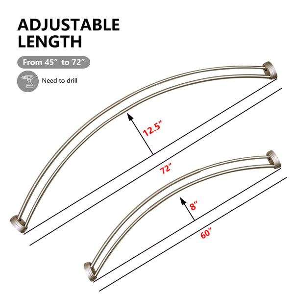 Utopia Alley DCR9XX Rustproof Wall Mounted Aluminum Double Curved Shower Curtain Rod, Screw Mount Rod, Stronger and More Secure Than Tension, Adjustable Double Shower Rod from 45" to 72", Expandable, Includes shower liner and shower hooks