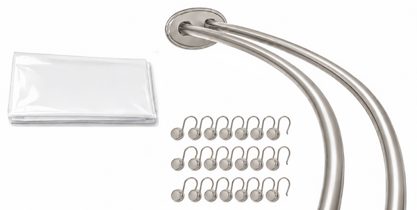 Shower Suite by Utopia Alley – DCR9XX Rustproof Aluminum Double Curved Shower Curtain Rod Combo Set with Liner & 24 Hooks, Adjustable 45–72 Inch Wall Mounted Dual Rod