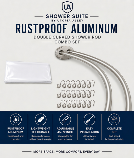 Shower Suite by Utopia Alley – DCR9XX Rustproof Aluminum Double Curved Shower Curtain Rod Combo Set with Liner & 24 Hooks, Adjustable 45–72 Inch Wall Mounted Dual Rod